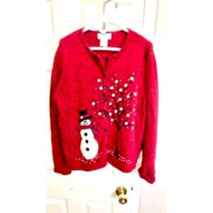 Vintage Mandal Bay Women's Snowman Cardigan Red Sweater Holiday Christmas Sz L